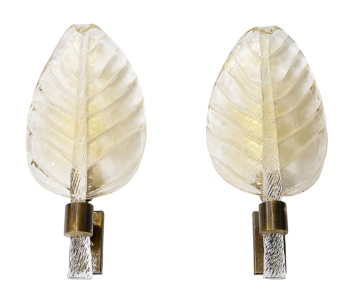 Paire d'appliques murales vintage italiennes Barovier Toso en verre de Murano en forme de feuil