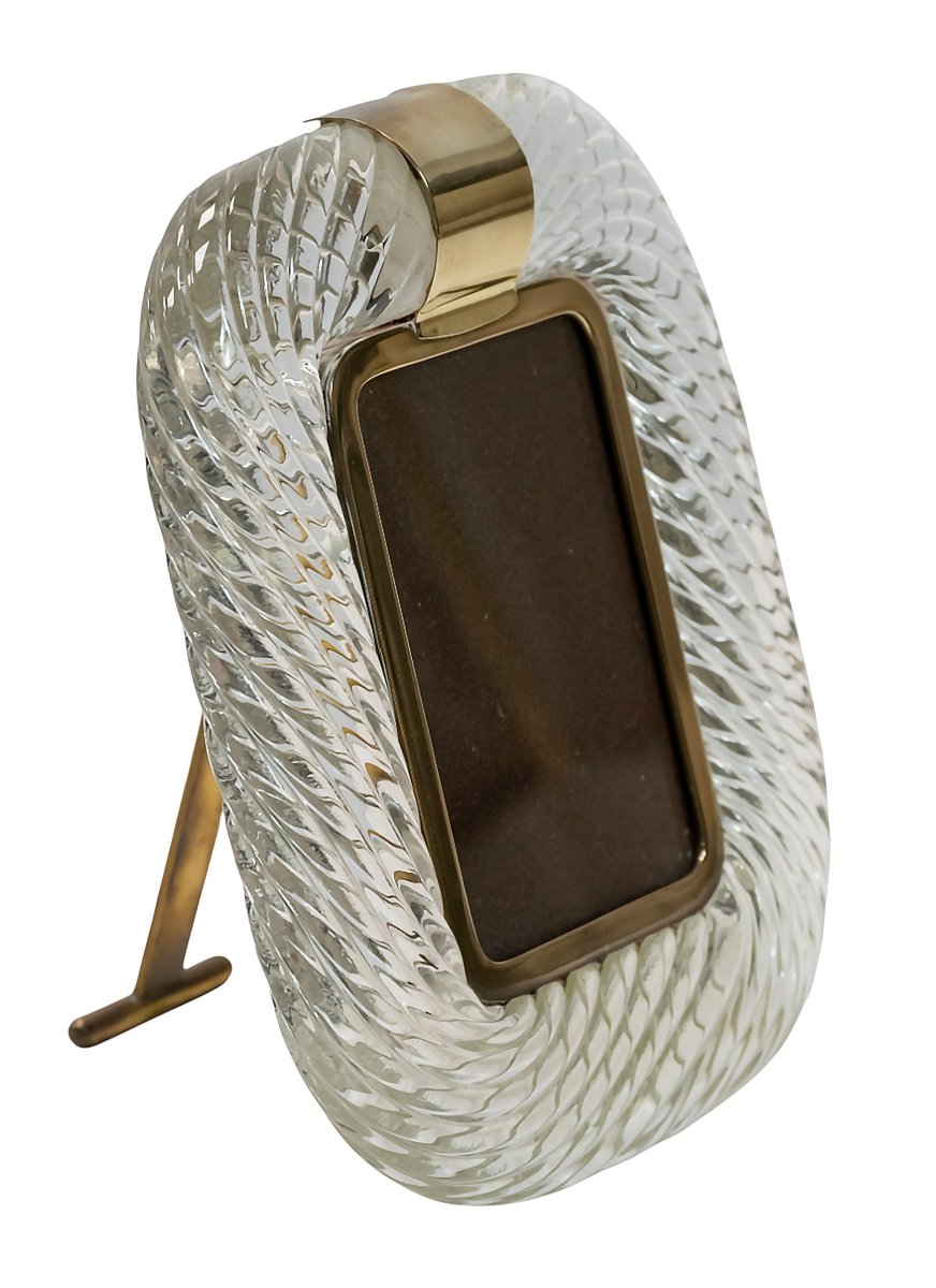 Vintage Italian Photo Frame In Murano Blown Glass And Brass, Signed Tommaso Barbi-photo-2