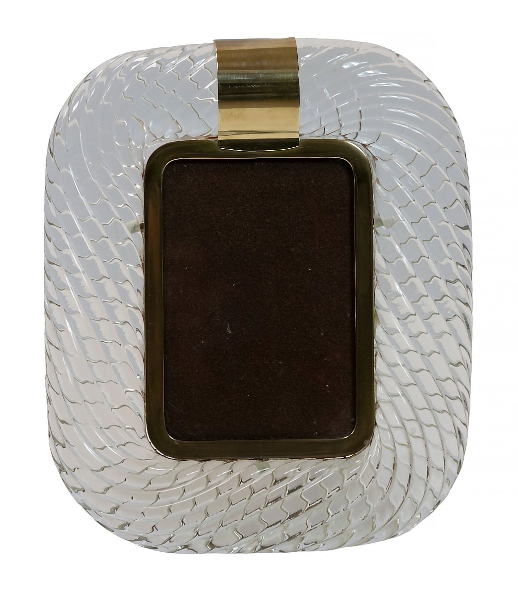 Vintage Italian Photo Frame In Murano Blown Glass And Brass, Signed Tommaso Barbi-photo-3