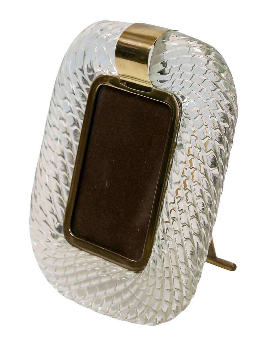 Vintage Italian Photo Frame In Murano Blown Glass And Brass, Signed Tommaso Barbi