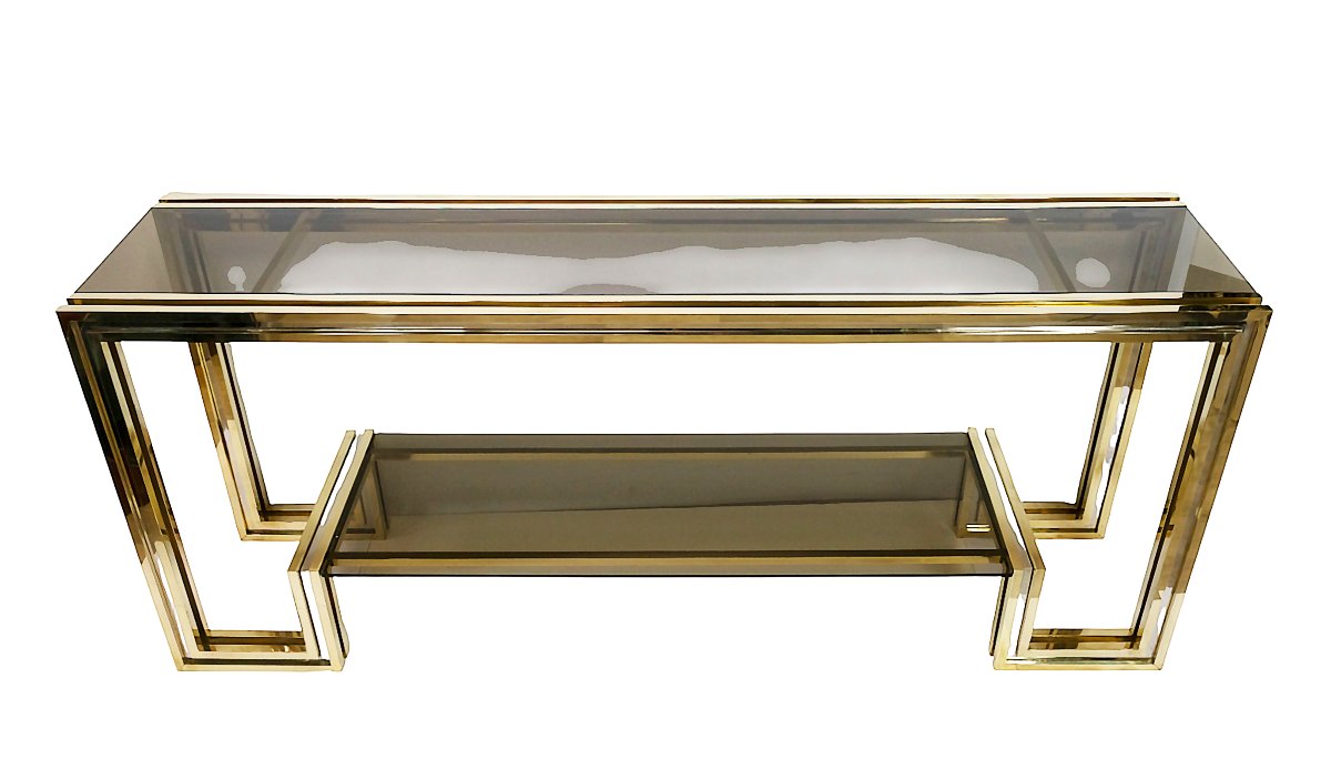 Console italienne rare du milieu du XXe siècle en laiton, chrome et verre, signée Romeo Rega-photo-1