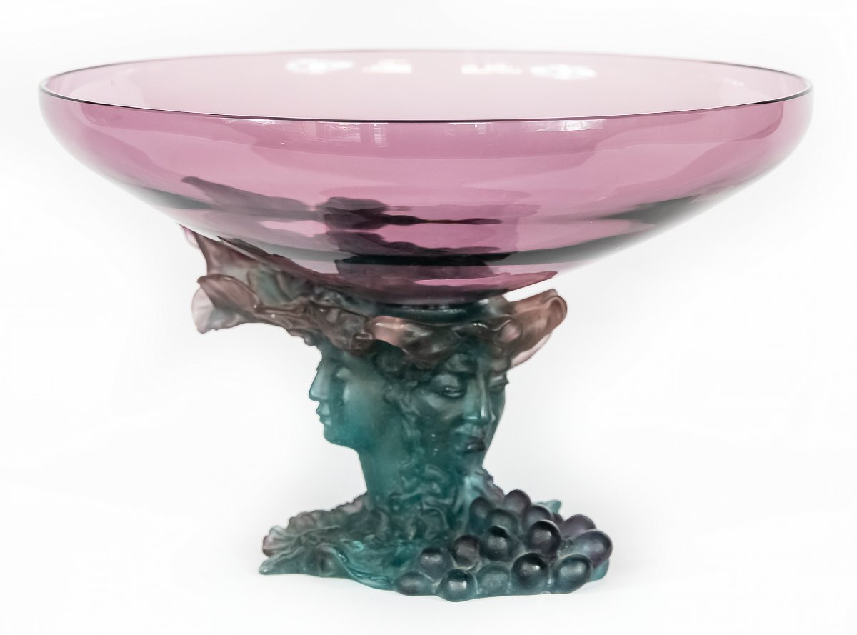 Vase en améthyste verte Daum Bacchus, grand modèle, centre de table, pâté de verre-photo-1