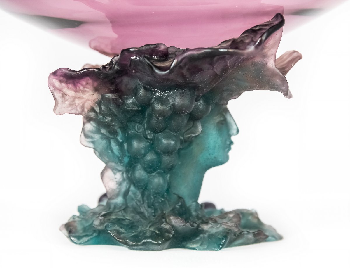 Vase en améthyste verte Daum Bacchus, grand modèle, centre de table, pâté de verre-photo-3