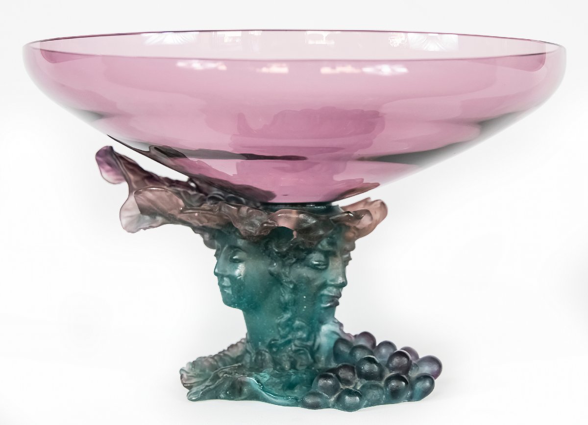 Vase en améthyste verte Daum Bacchus, grand modèle, centre de table, pâté de verre-photo-4