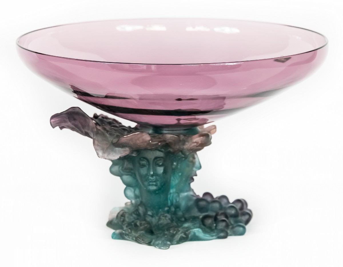 Vase en améthyste verte Daum Bacchus, grand modèle, centre de table, pâté de verre
