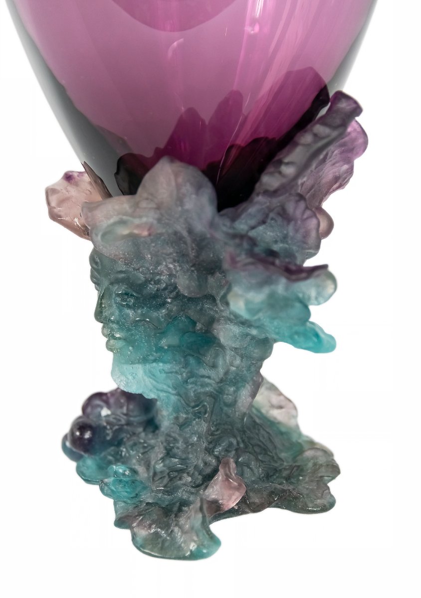 Vase-centre de table en améthyste verte Daum Bacchus, style français, pâté de verre-photo-2