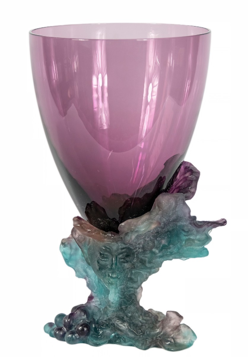 Vase-centre de table en améthyste verte Daum Bacchus, style français, pâté de verre