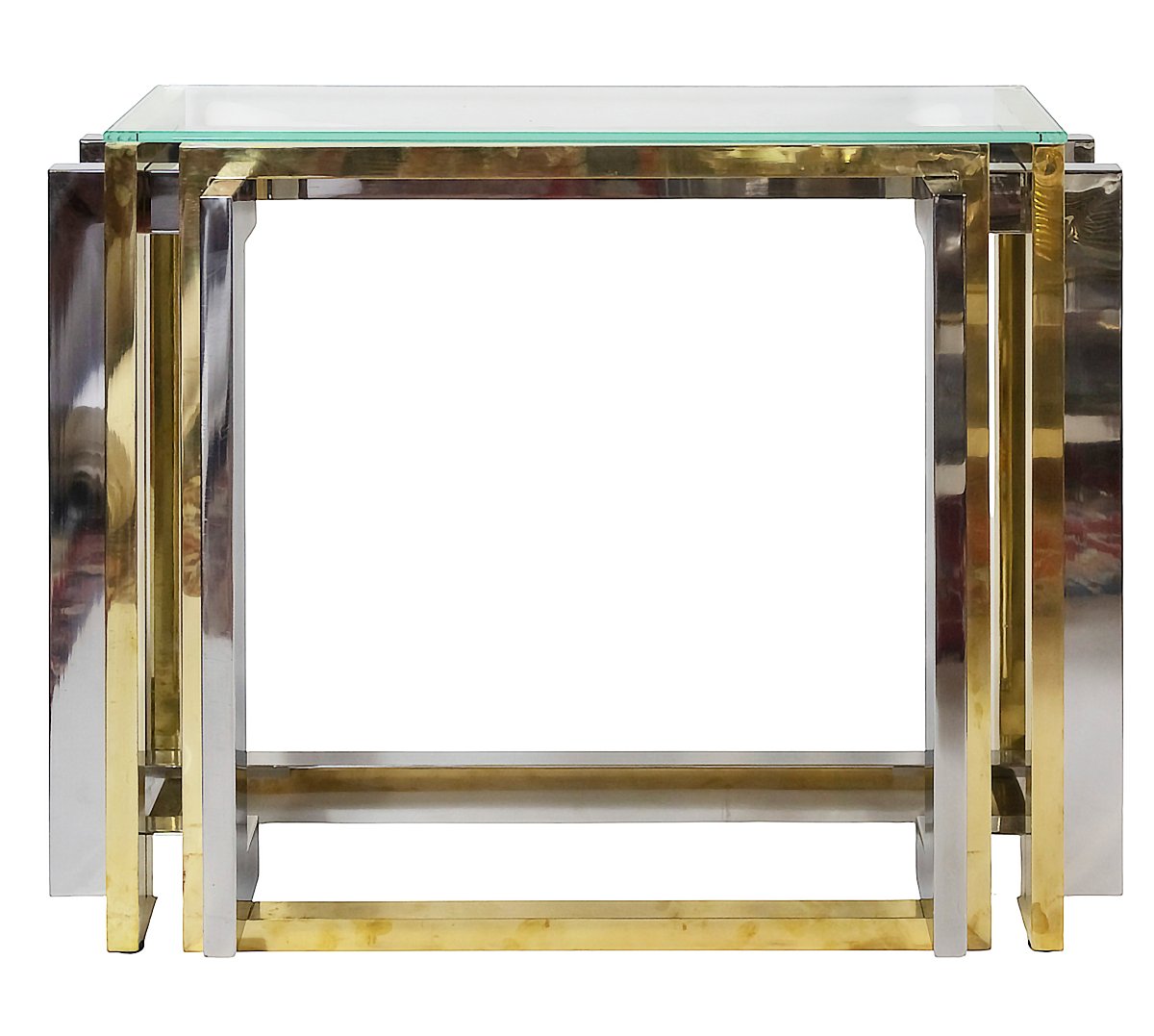 Console italienne style Romeo Rega, en laiton, chrome et verre, datant du milieu du XXe siècle.-photo-1