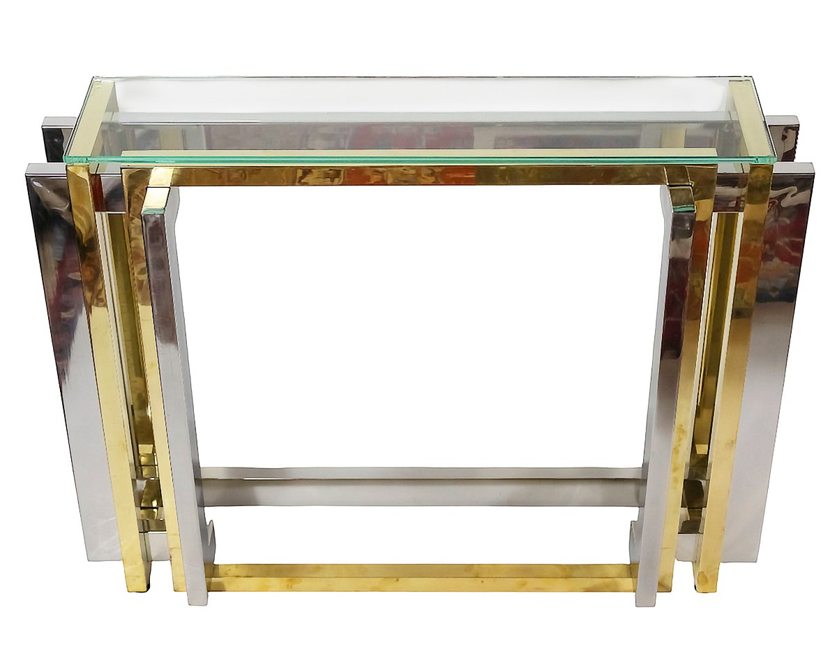 Console italienne style Romeo Rega, en laiton, chrome et verre, datant du milieu du XXe siècle.-photo-2