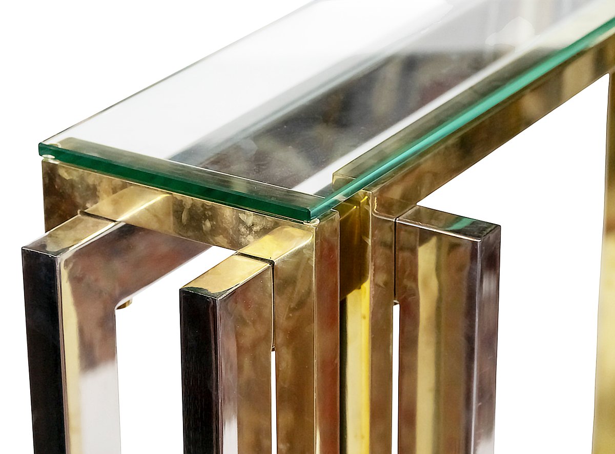 Console italienne style Romeo Rega, en laiton, chrome et verre, datant du milieu du XXe siècle.-photo-4