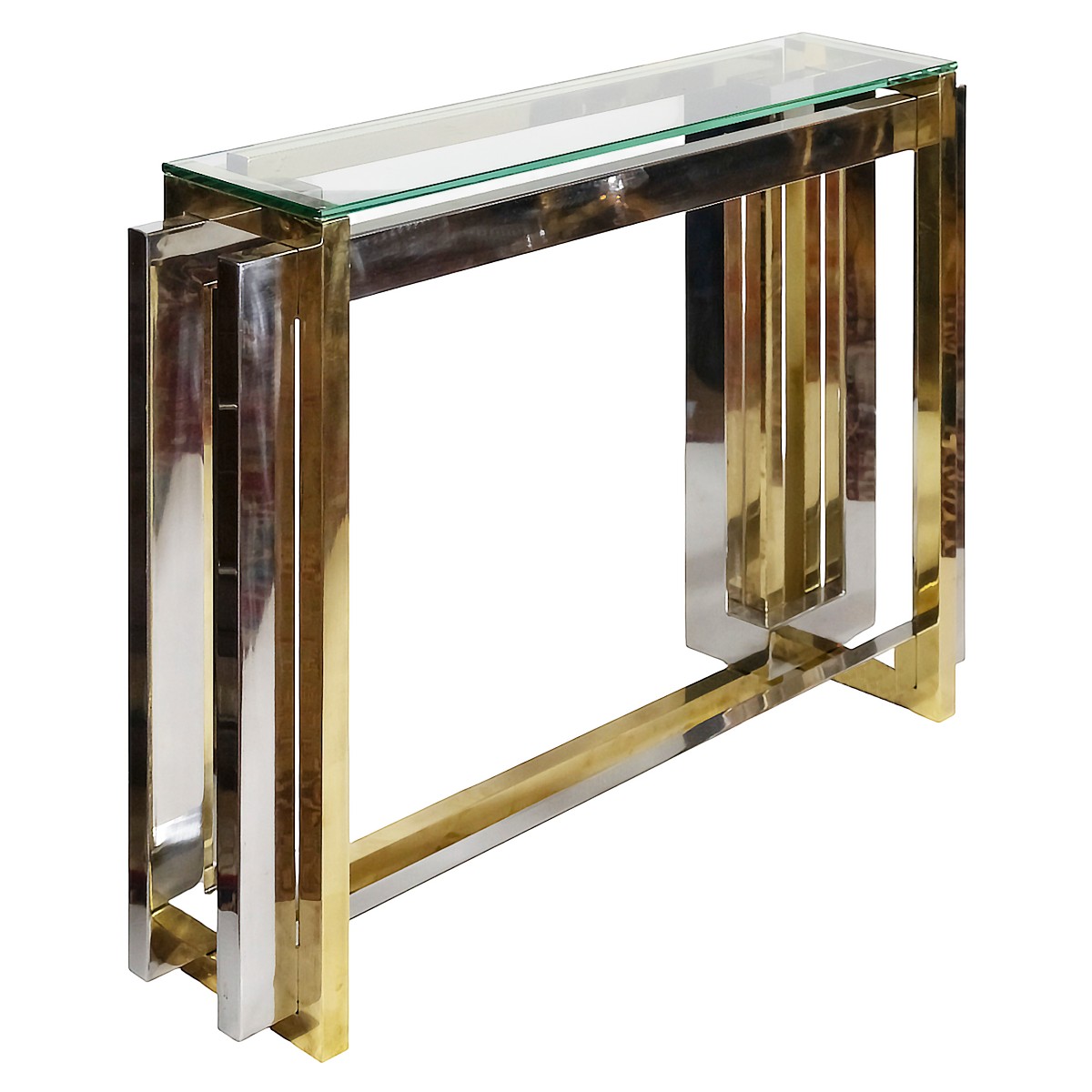 Console italienne style Romeo Rega, en laiton, chrome et verre, datant du milieu du XXe siècle.