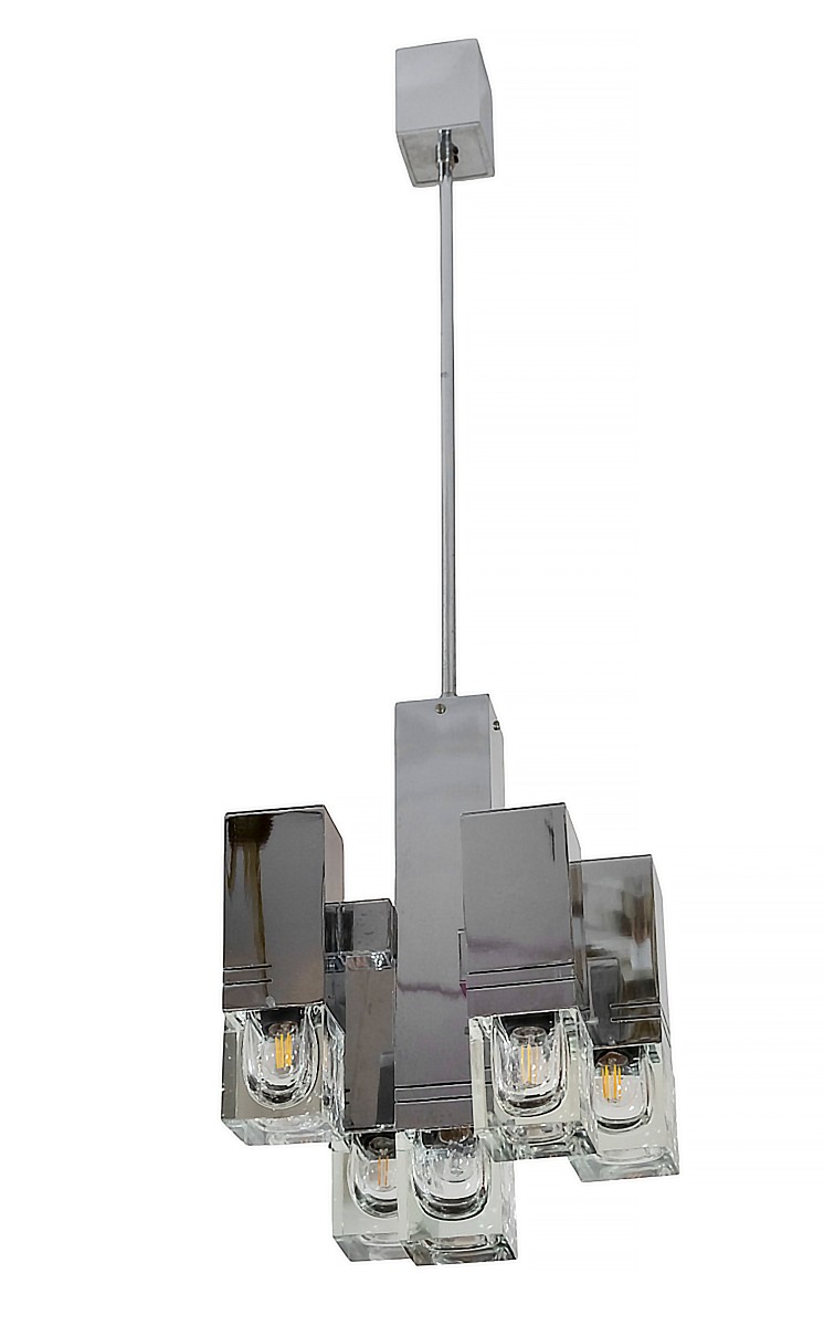 Lustre italien Sciolari en chrome et verre, style milieu du XXe siècle, vers 1970