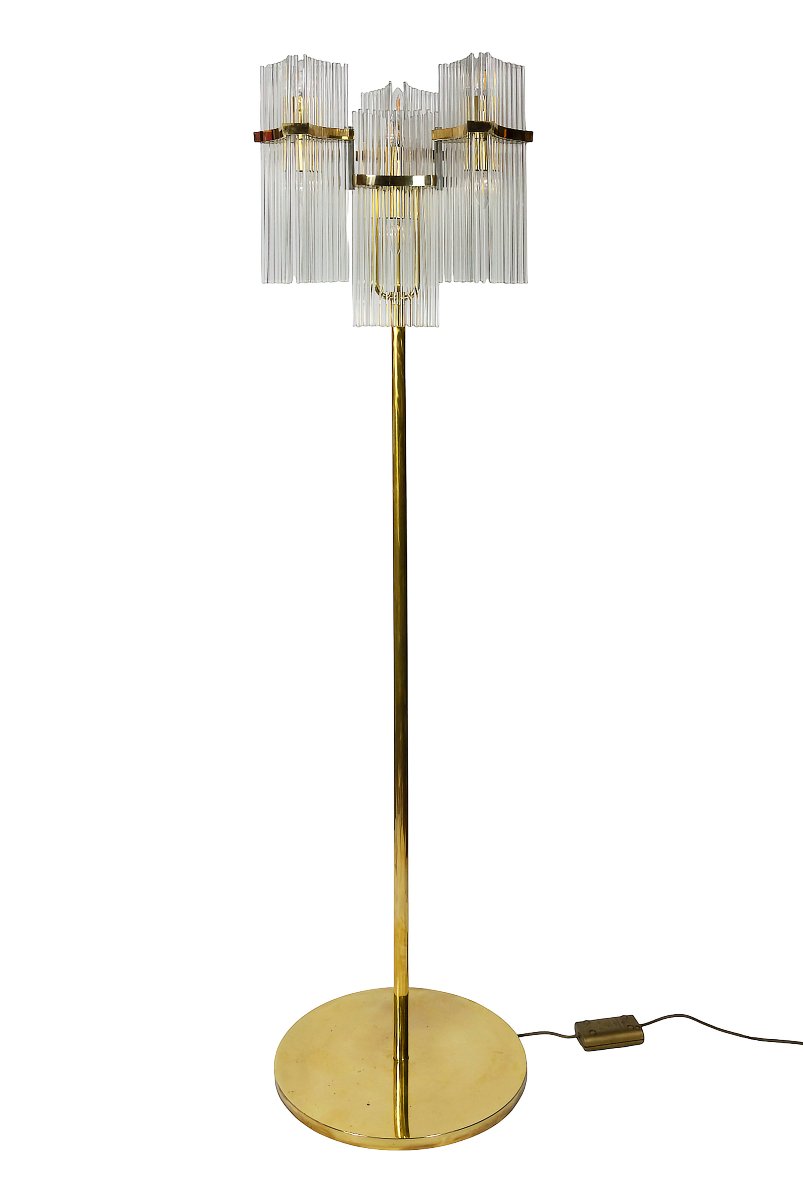 Pair Of Italian Brass And Glass Floor Lamps, Gaetano Sciolari, 1970s-photo-2