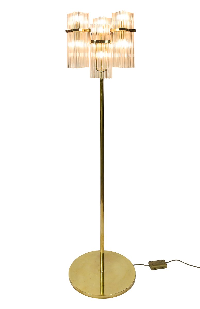 Pair Of Italian Brass And Glass Floor Lamps, Gaetano Sciolari, 1970s-photo-3