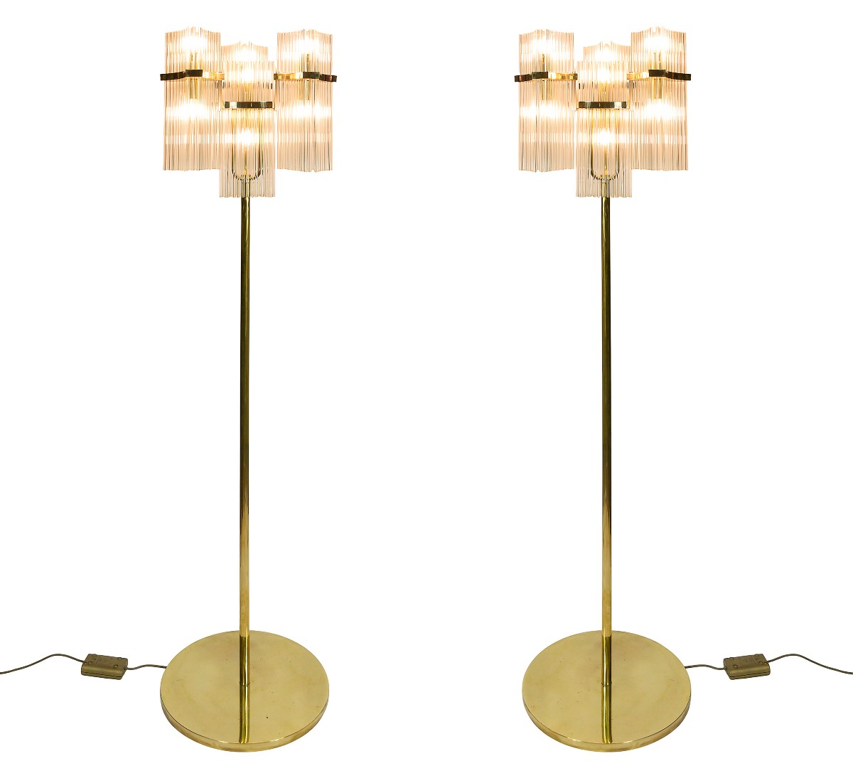 Pair Of Italian Brass And Glass Floor Lamps, Gaetano Sciolari, 1970s