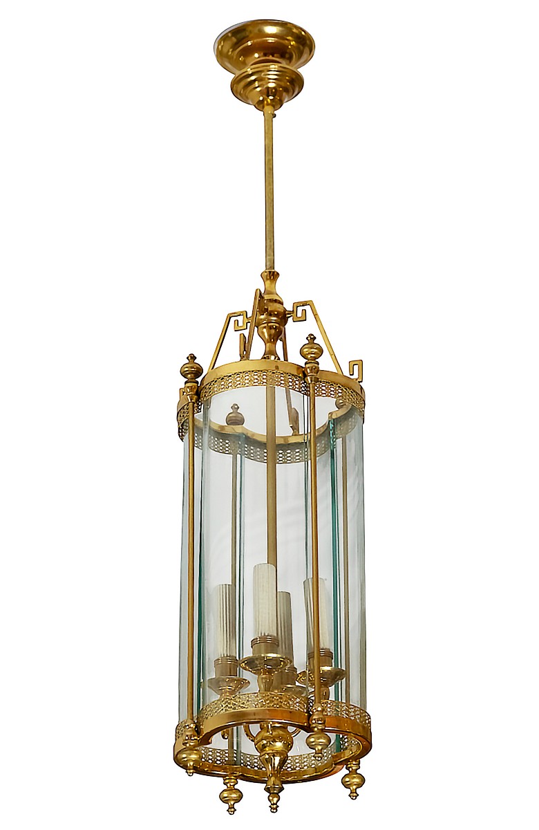 Italian Chandelier-lantern In Gilded Metal And Glass