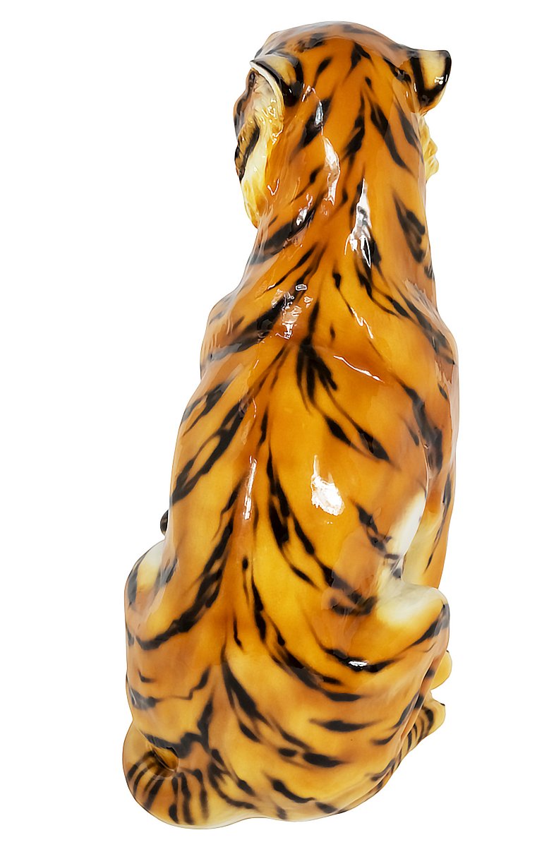 Grande sculpture de tigre vintage italienne en céramique émaillée faite à la main-photo-2