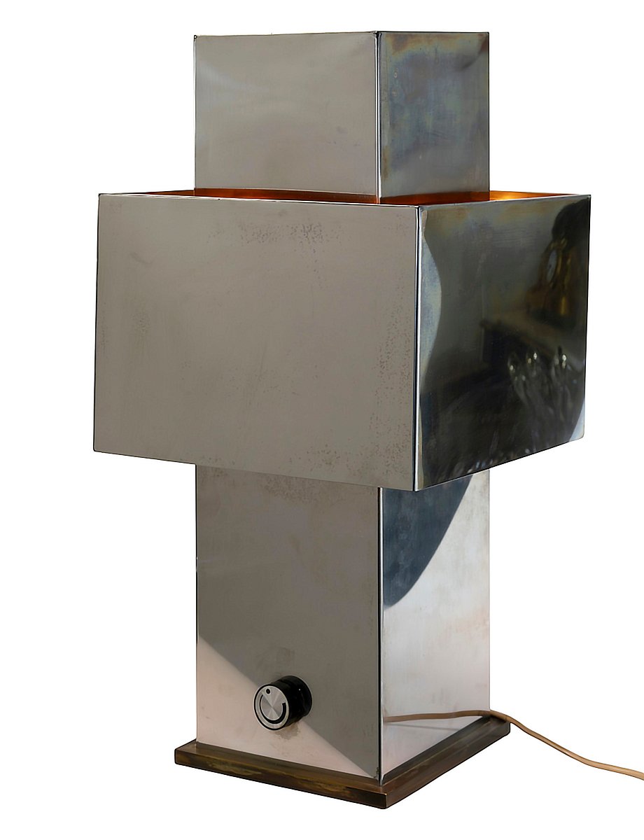 Lampe de table vintage Willy Rizzo « Love », acier inoxydable et laiton, années 1970-photo-1