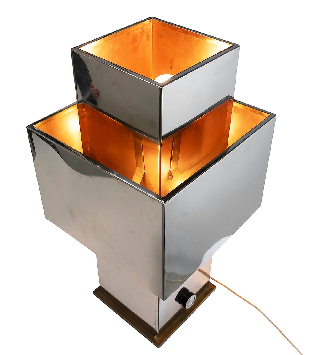 Lampe de table vintage Willy Rizzo « Love », acier inoxydable et laiton, années 1970-photo-3