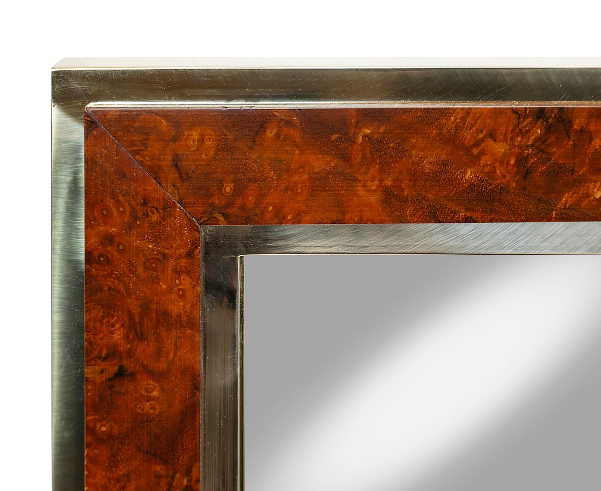 Mid-twentieth Century Italian Wall Mirror, Brass Frame And Wood Veneer, 1970-photo-1