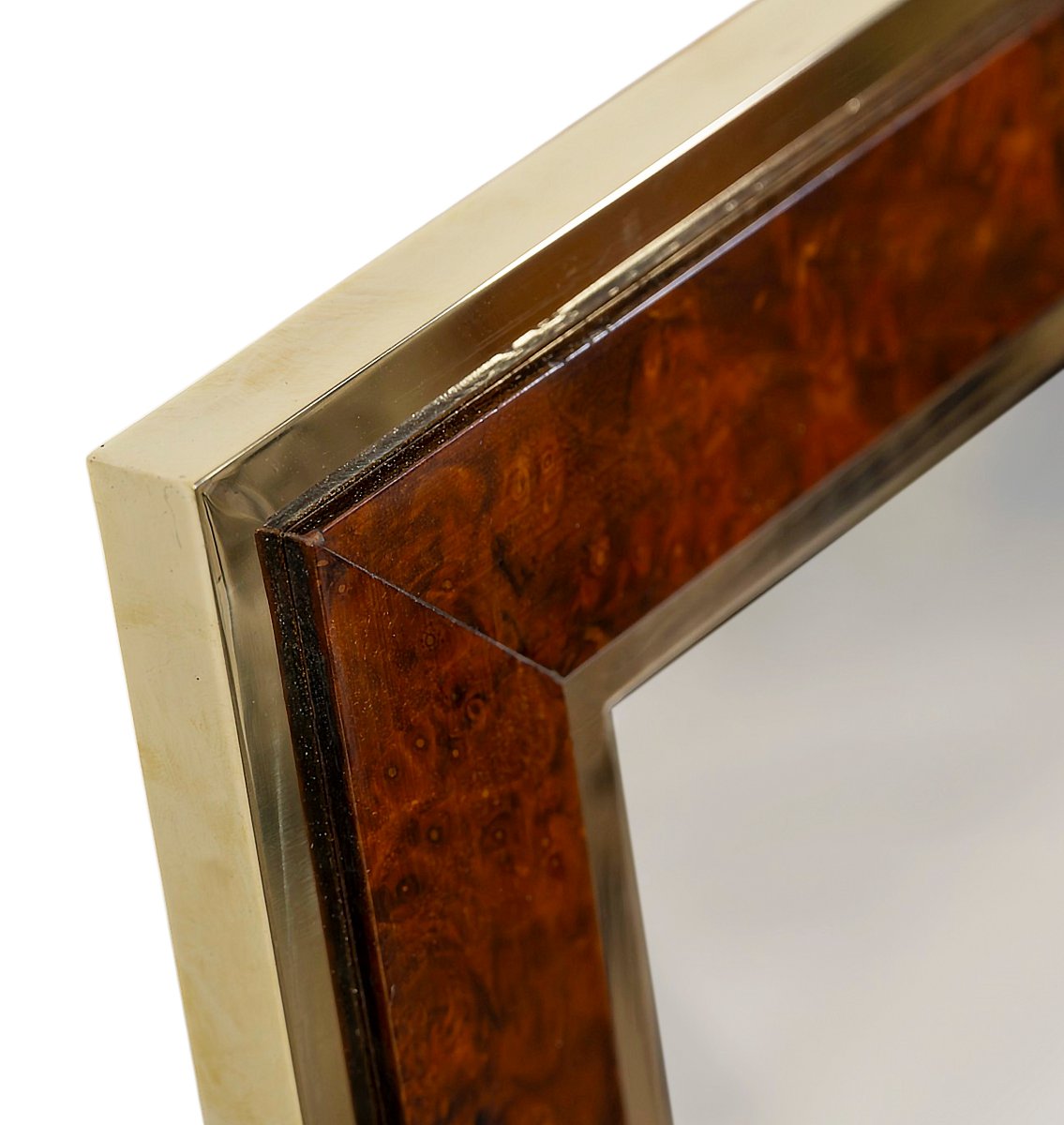 Mid-twentieth Century Italian Wall Mirror, Brass Frame And Wood Veneer, 1970-photo-3
