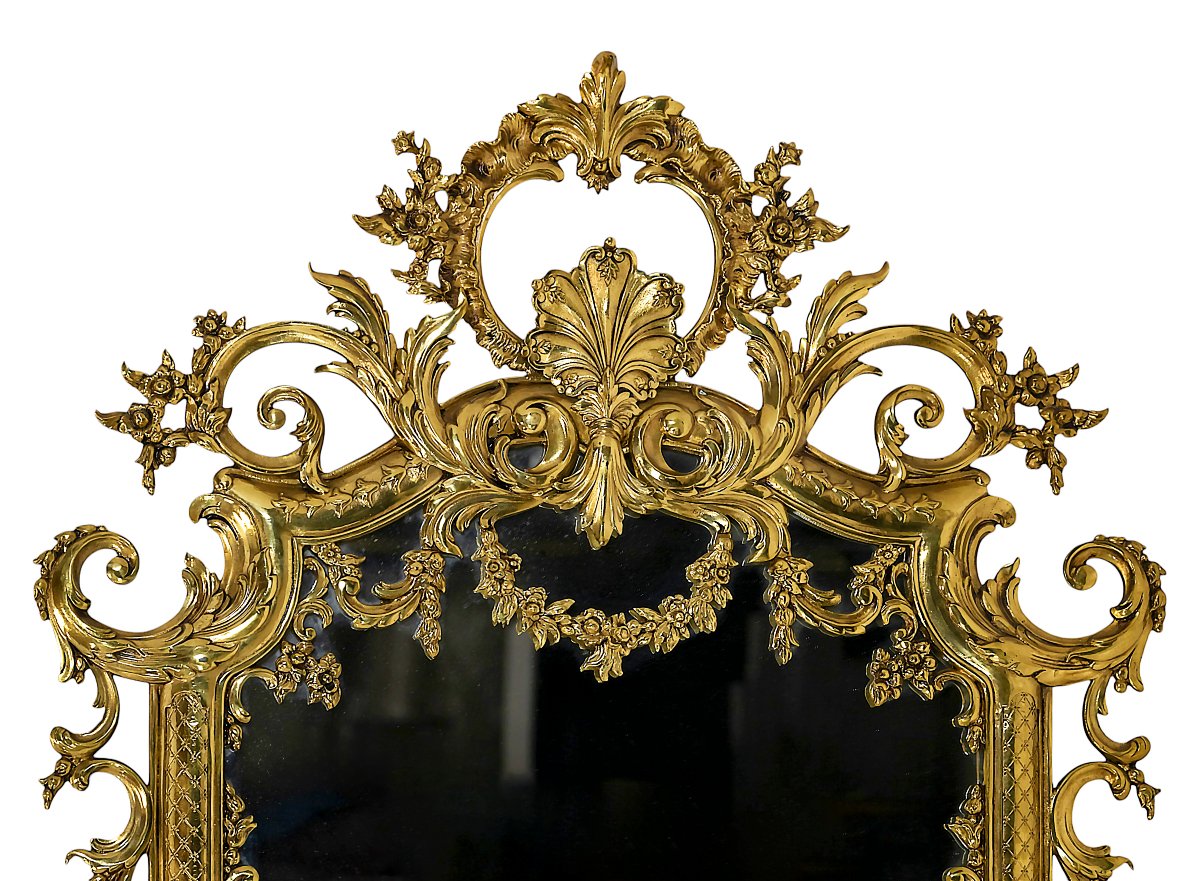 Miroir mural vintage français en laiton, style rococo, vers 1960-1970, grand modèle-photo-1