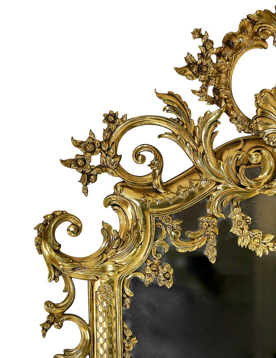 Miroir mural vintage français en laiton, style rococo, vers 1960-1970, grand modèle-photo-3