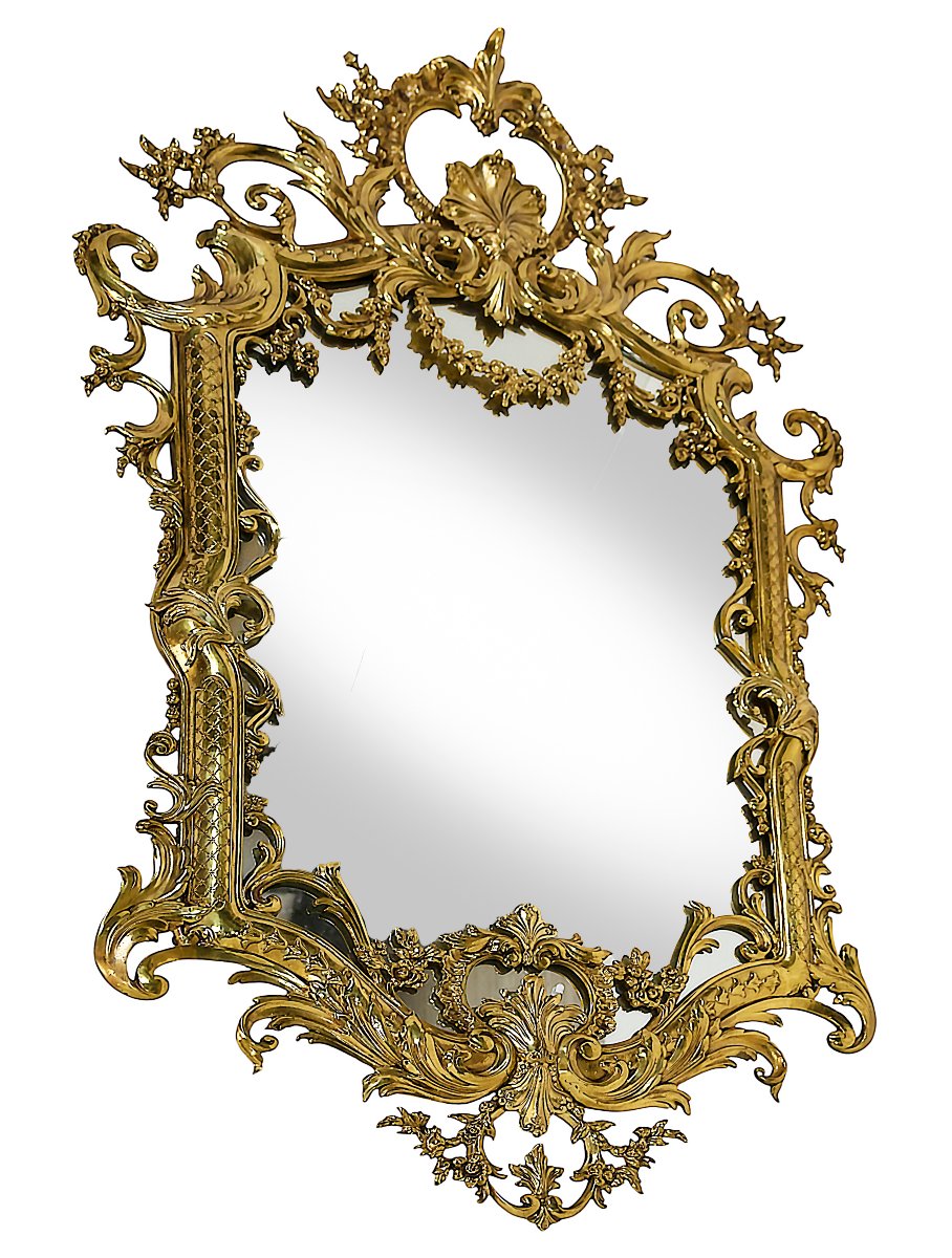 Miroir mural vintage français en laiton, style rococo, vers 1960-1970, grand modèle-photo-6