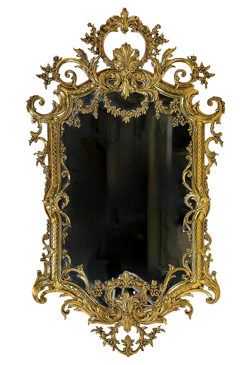 Miroir mural vintage français en laiton, style rococo, vers 1960-1970, grand modèle