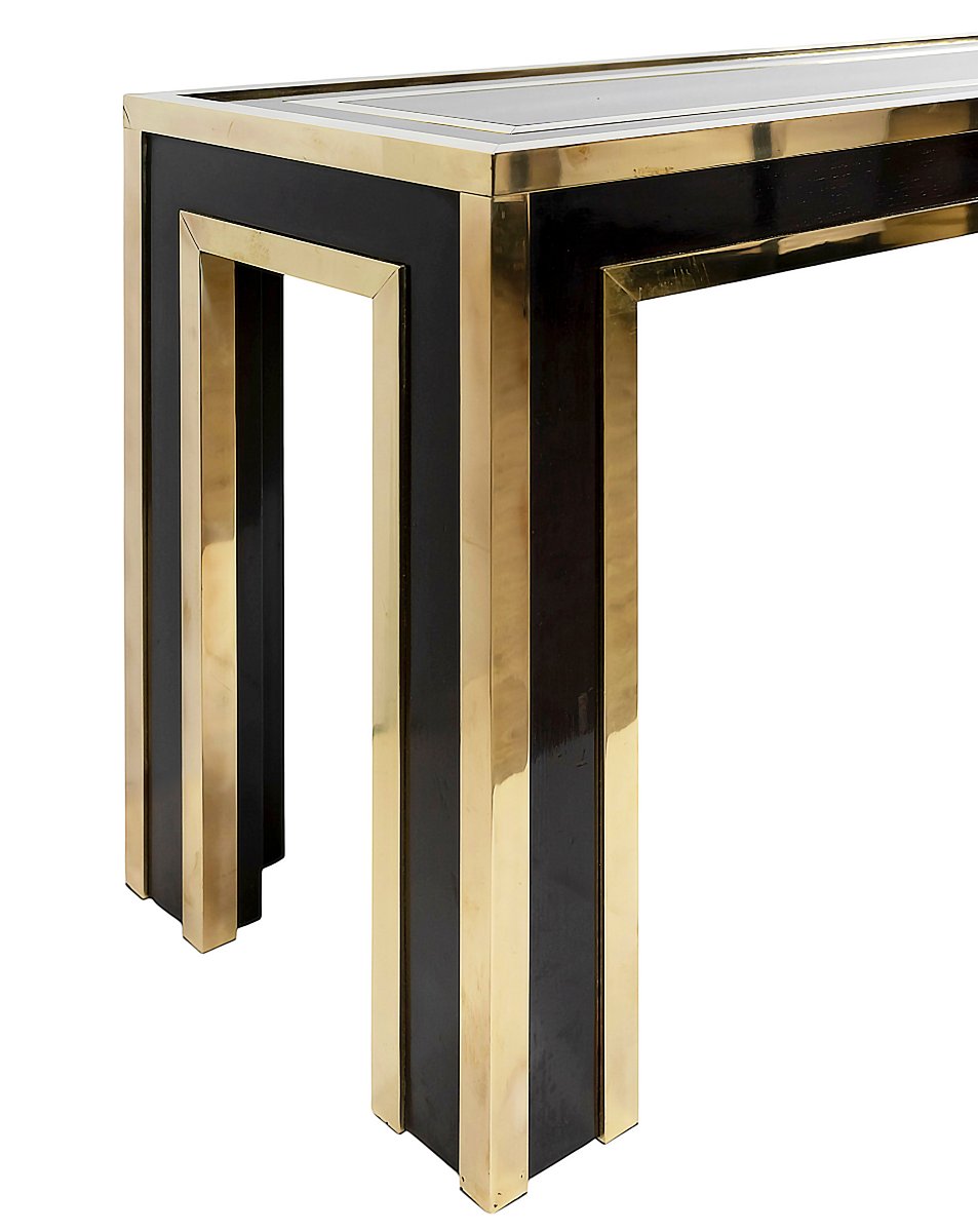 Console italienne style Mid-Century en laiton, bois et verre-photo-2