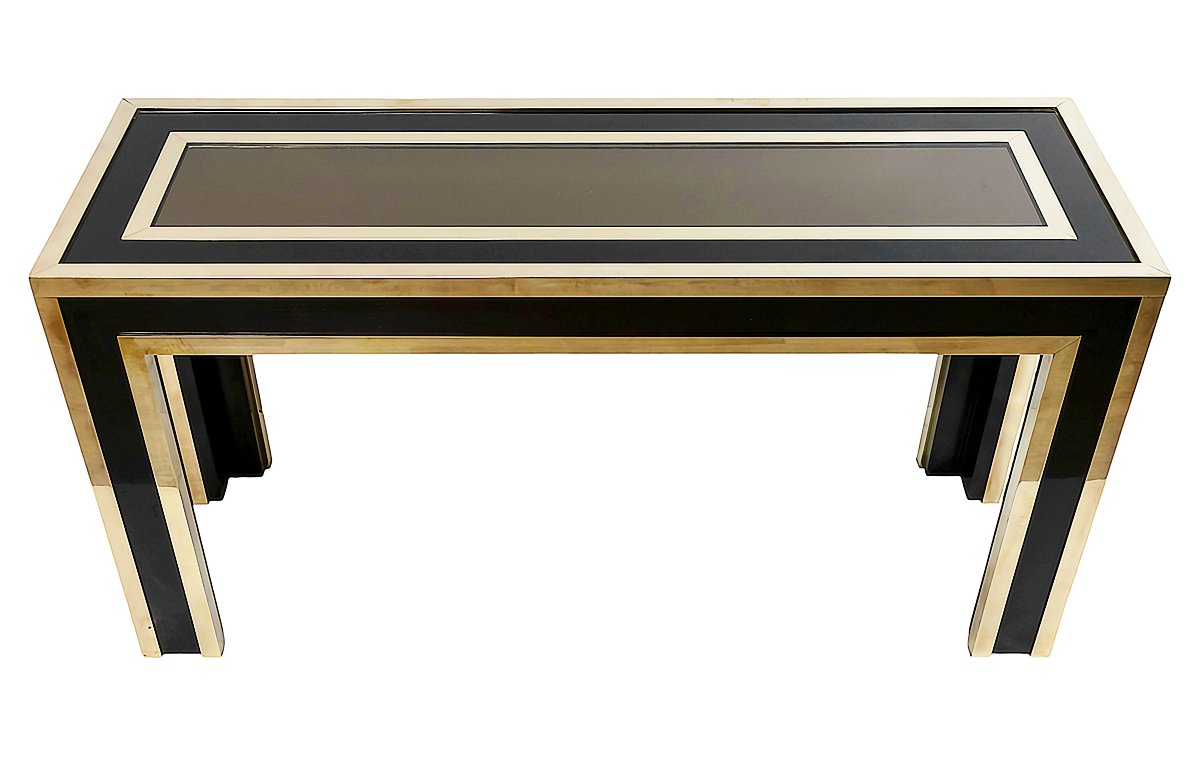 Console italienne style Mid-Century en laiton, bois et verre-photo-3