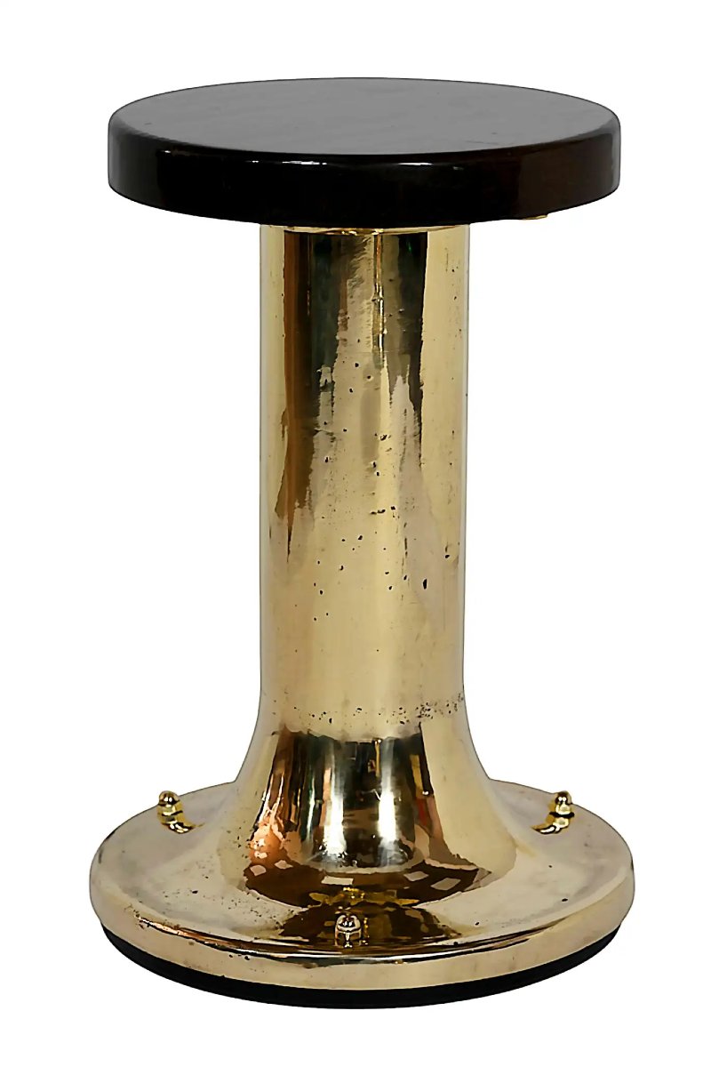 Set Of 5 Italian Yacht-style Low Stools/chairs, In Brass And Wood, In The Military Style.-photo-4