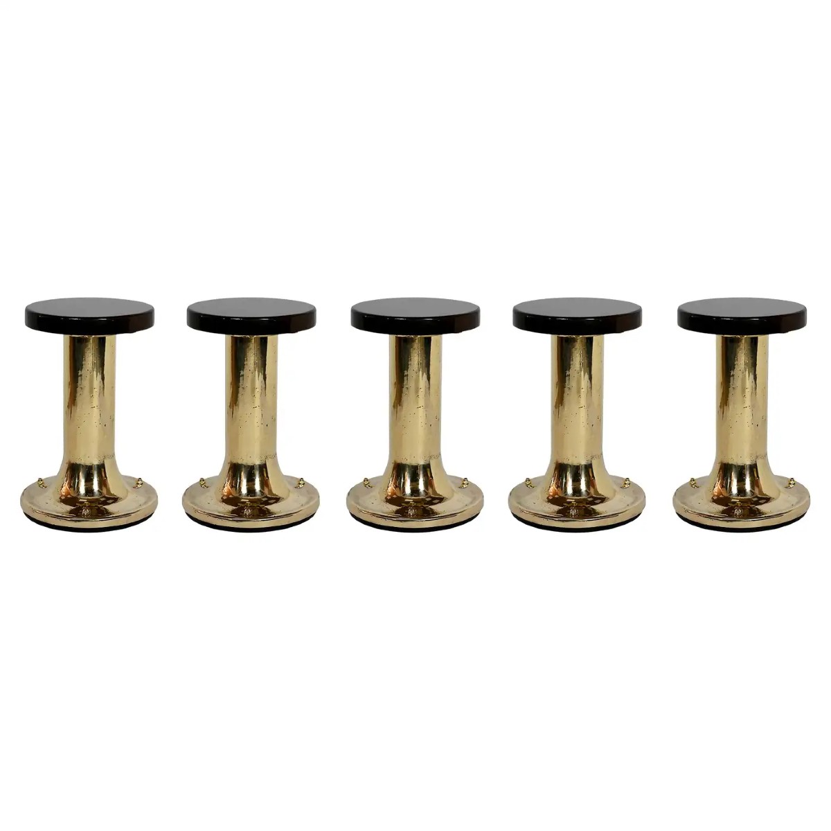 Set Of 5 Italian Yacht-style Low Stools/chairs, In Brass And Wood, In The Military Style.