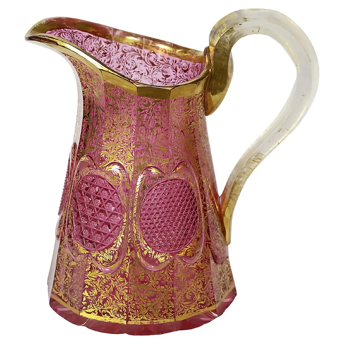 Pichet/carafe en cristal rose taillé à la main de Bohême Moser, XIXe siècle