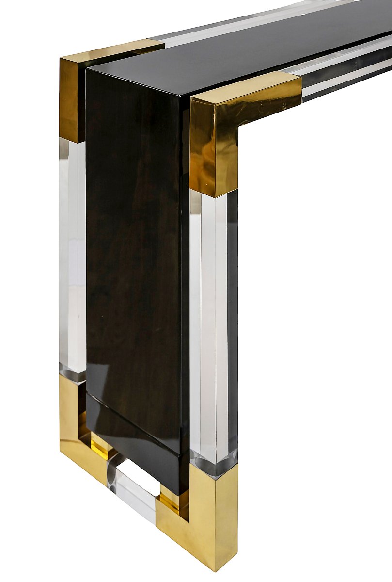 Vintage Italian Console Table Made Of Metal, Varnished Wood, And Plexiglas-photo-3