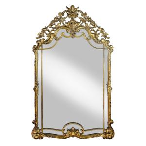 Grand miroir mural espagnol antique en bois doré sculpté à la main