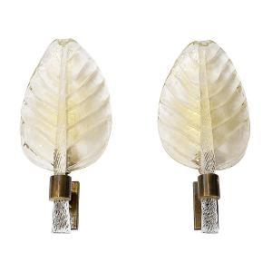 Paire d'appliques murales vintage italiennes Barovier Toso en verre de Murano en forme de feuil