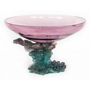 Vase en améthyste verte Daum Bacchus, grand modèle, centre de table, pâté de verre