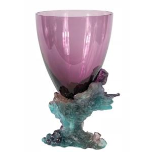 Vase-centre de table en améthyste verte Daum Bacchus, style français, pâté de verre