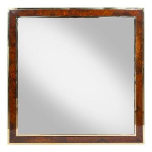 Mid-twentieth Century Italian Wall Mirror, Brass Frame And Wood Veneer, 1970