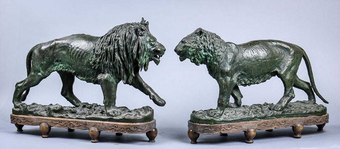 Pair Of Bronze Sculptures Fratin Lion Lioness-photo-2