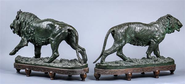 Pair Of Bronze Sculptures Fratin Lion Lioness-photo-3