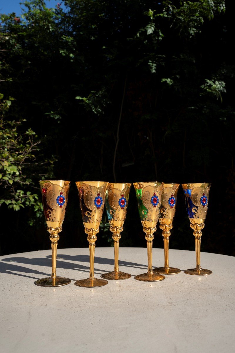 N. 6 Verres à Champagne En Verre De Murano En émail Et Feuille d'Or 24 Carats-photo-2