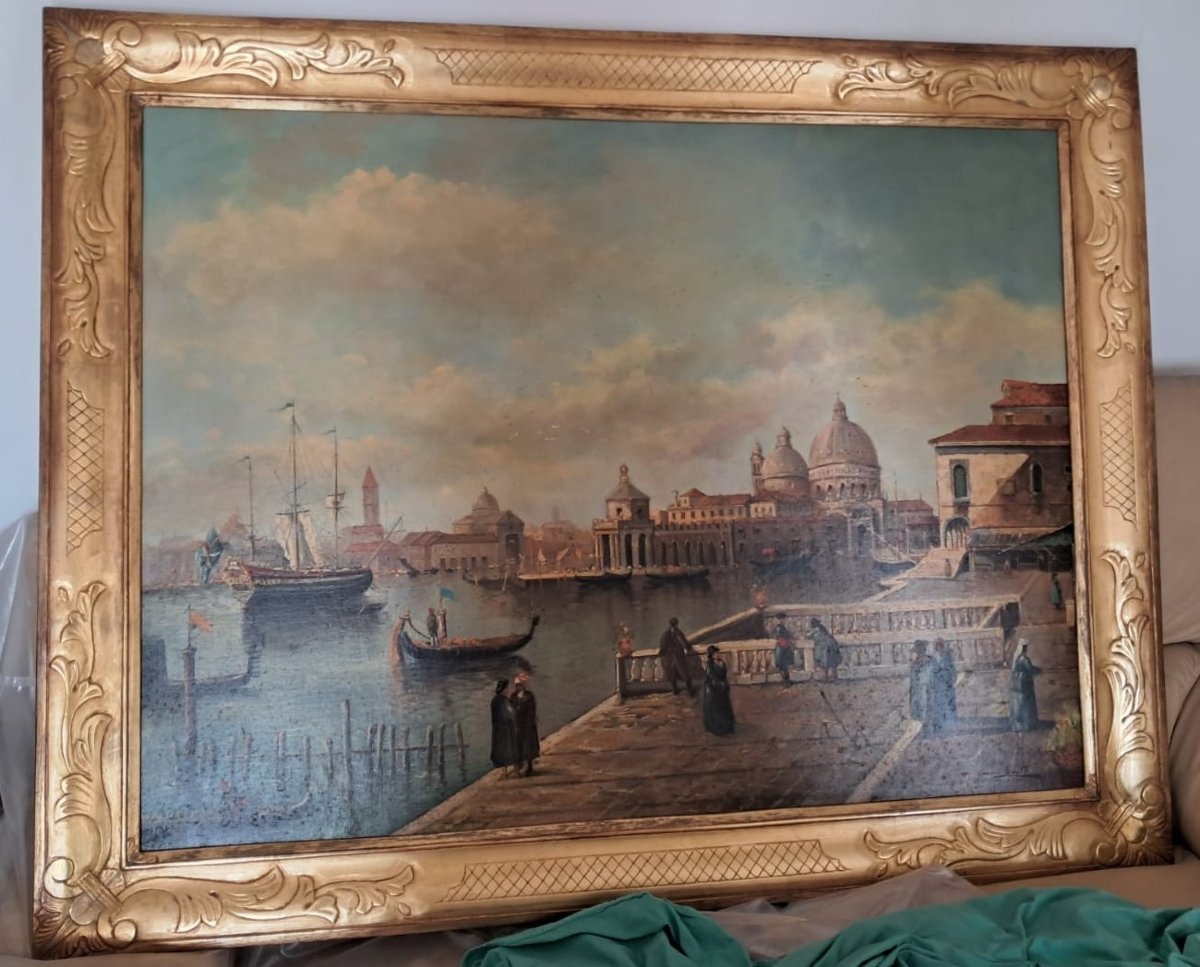 Belle peinture à l'huile sur toile représentant la lagune vénitienne et la Punta della Dogana -photo-2