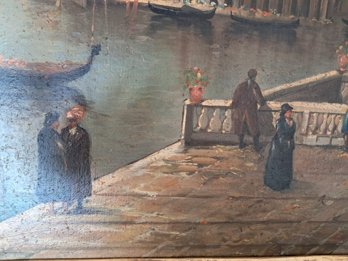 Belle peinture à l'huile sur toile représentant la lagune vénitienne et la Punta della Dogana -photo-3