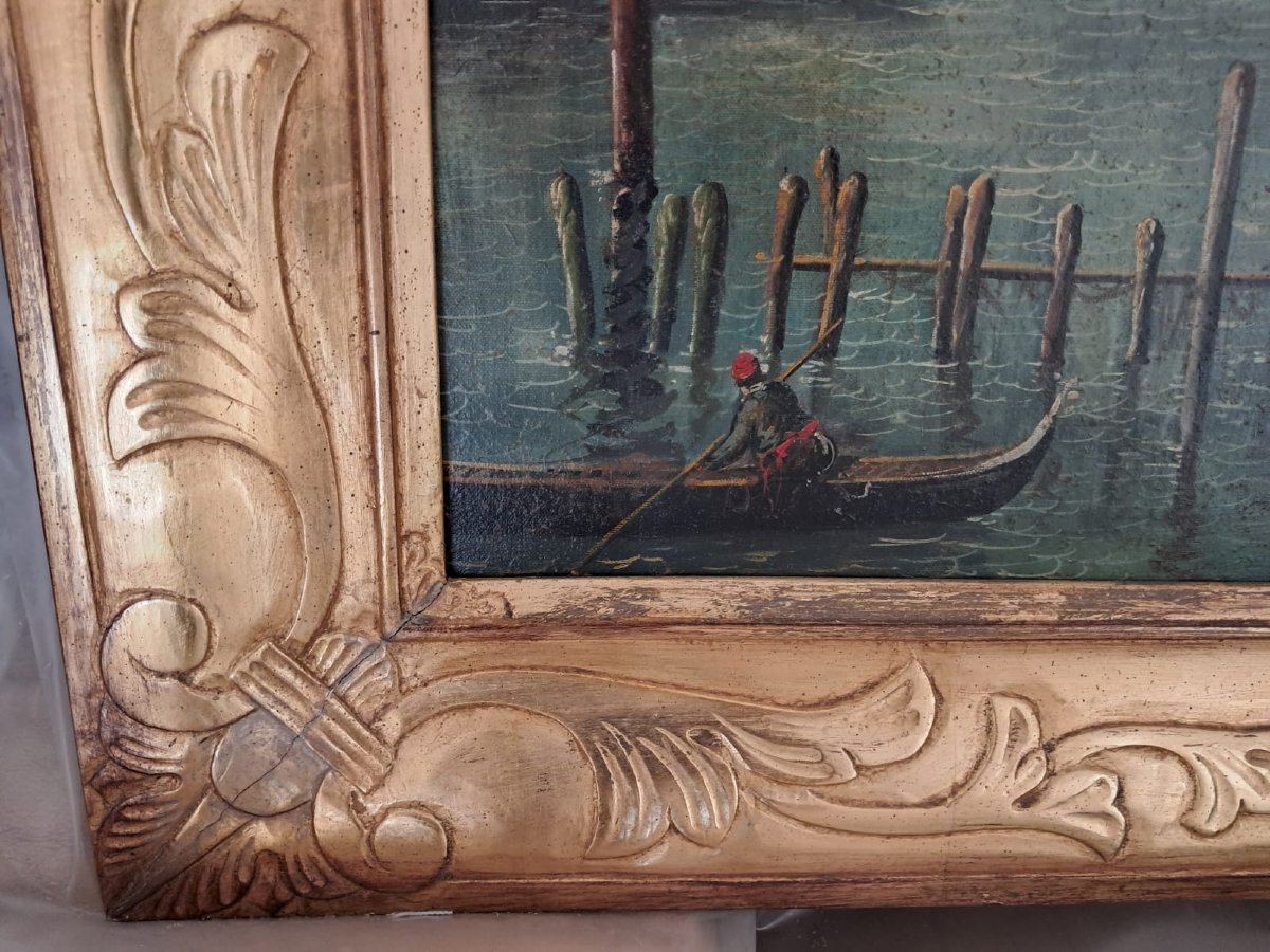 Belle peinture à l'huile sur toile représentant la lagune vénitienne et la Punta della Dogana -photo-4