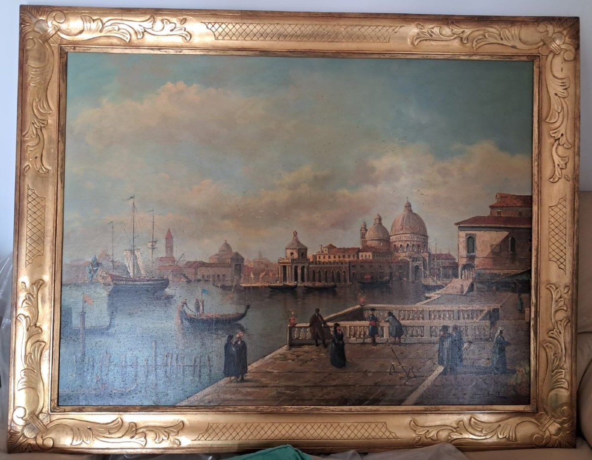 Belle peinture à l'huile sur toile représentant la lagune vénitienne et la Punta della Dogana 