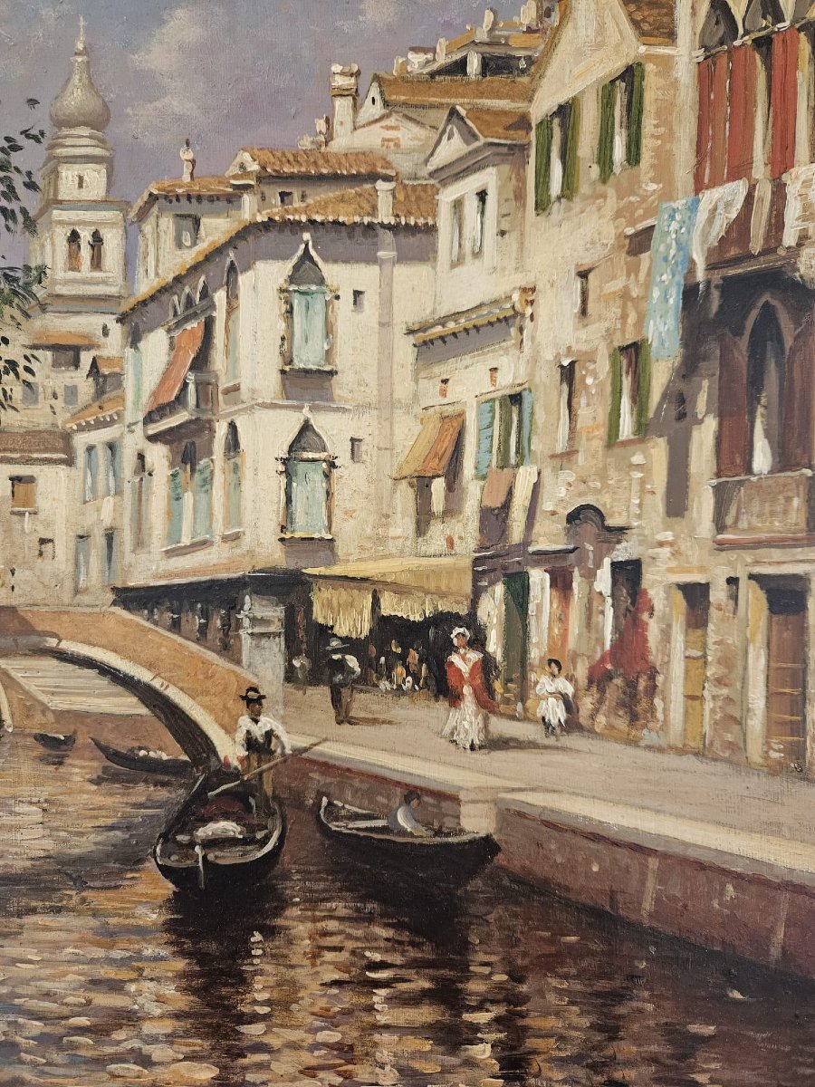 Peinture à l'huile sur toile, représentant une vue d'un canal vénitien-photo-2