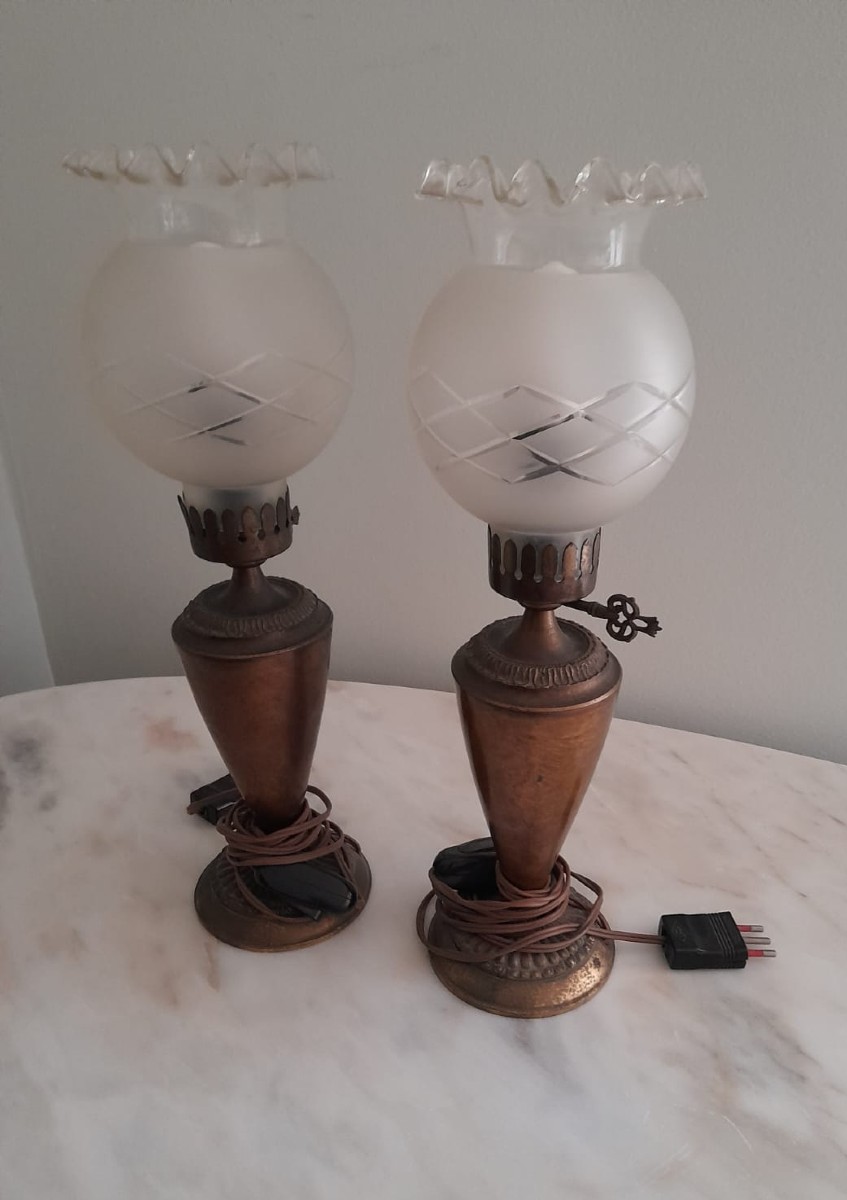 Pair Of Lights With Original Glass Bowl, 20th Century