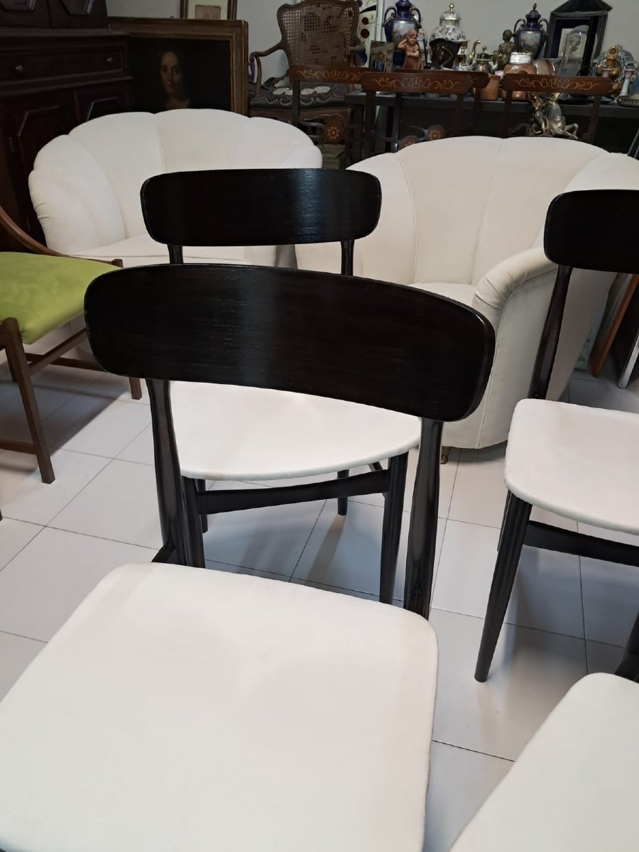 N° 4 chaises en bois de rose teinté noir et assise en coton blanc-photo-2